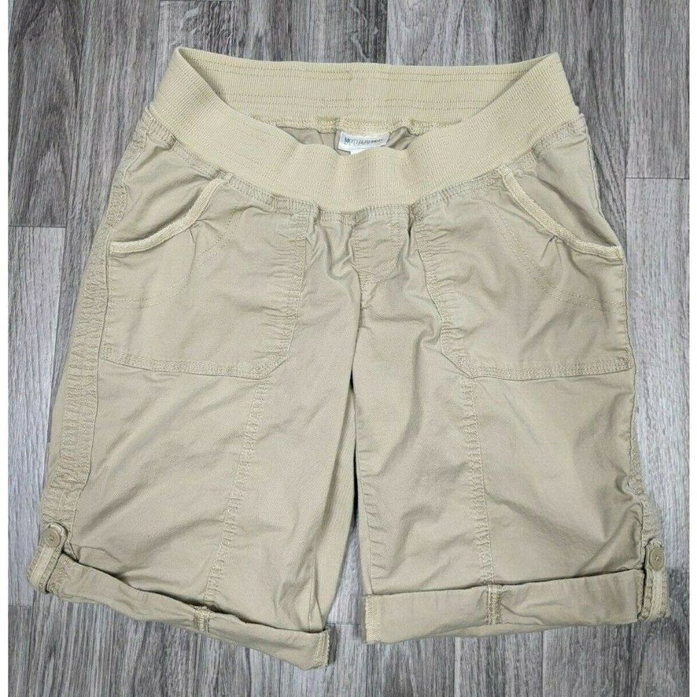 (3/$27) Motherhood Maternity Womens Sz Small Roll Tab Elastic Waist Khaki Shorts